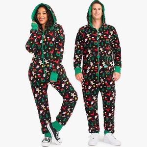 Tipsy Elves Black Holiday Printed Unisex Onesie with Green Trim